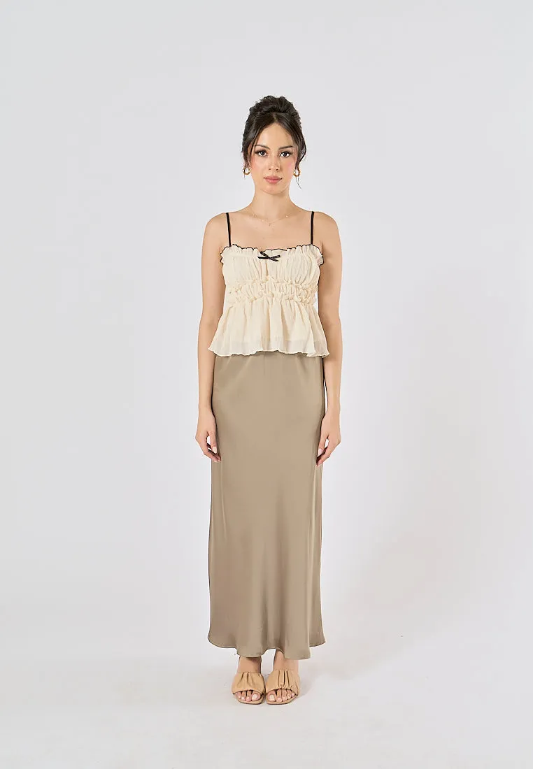 Sanity Khaki Satin Elastic Waist A-Line Maxi Skirt