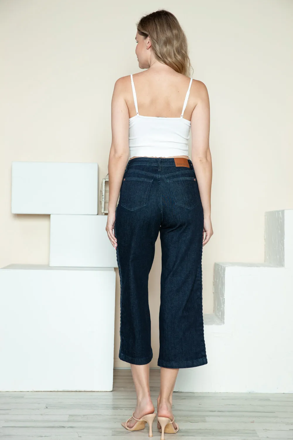 SIDE SEAM BRAID DETAIL CROP WIDE LEG JEANS