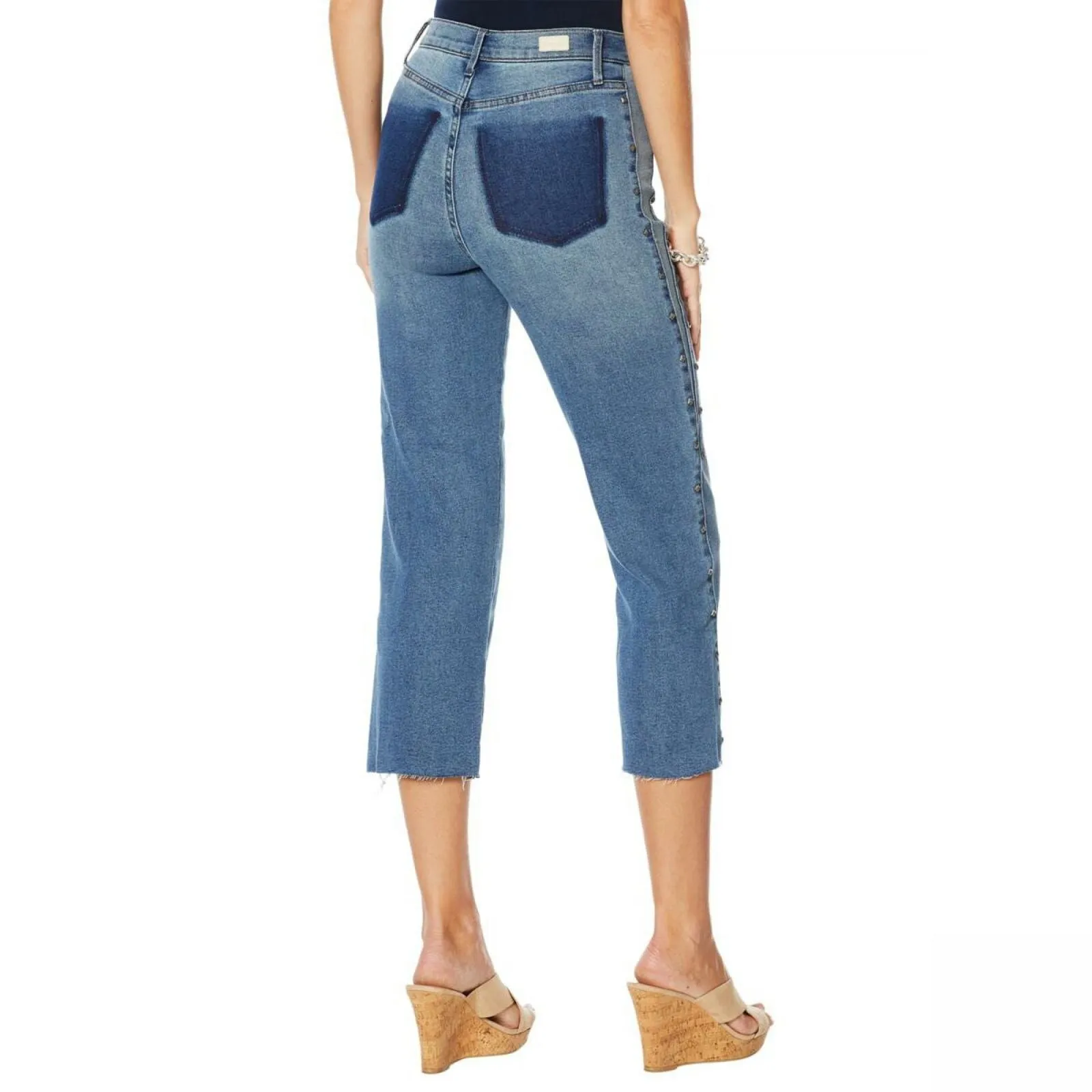 Skinnygirl Women's High Rise Straight Cropped Studded Jeans