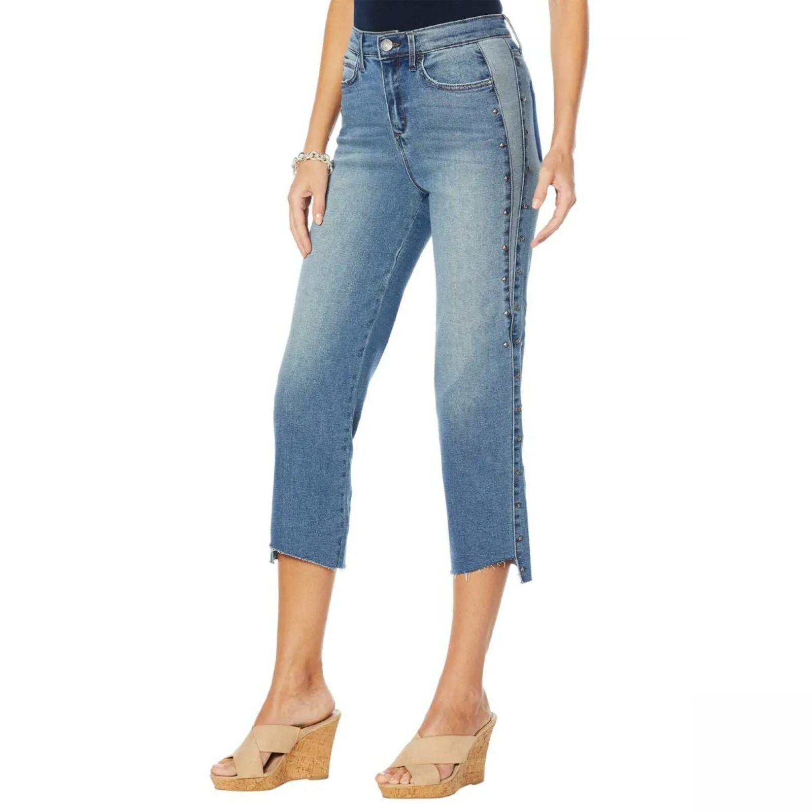 Skinnygirl Women's High Rise Straight Cropped Studded Jeans