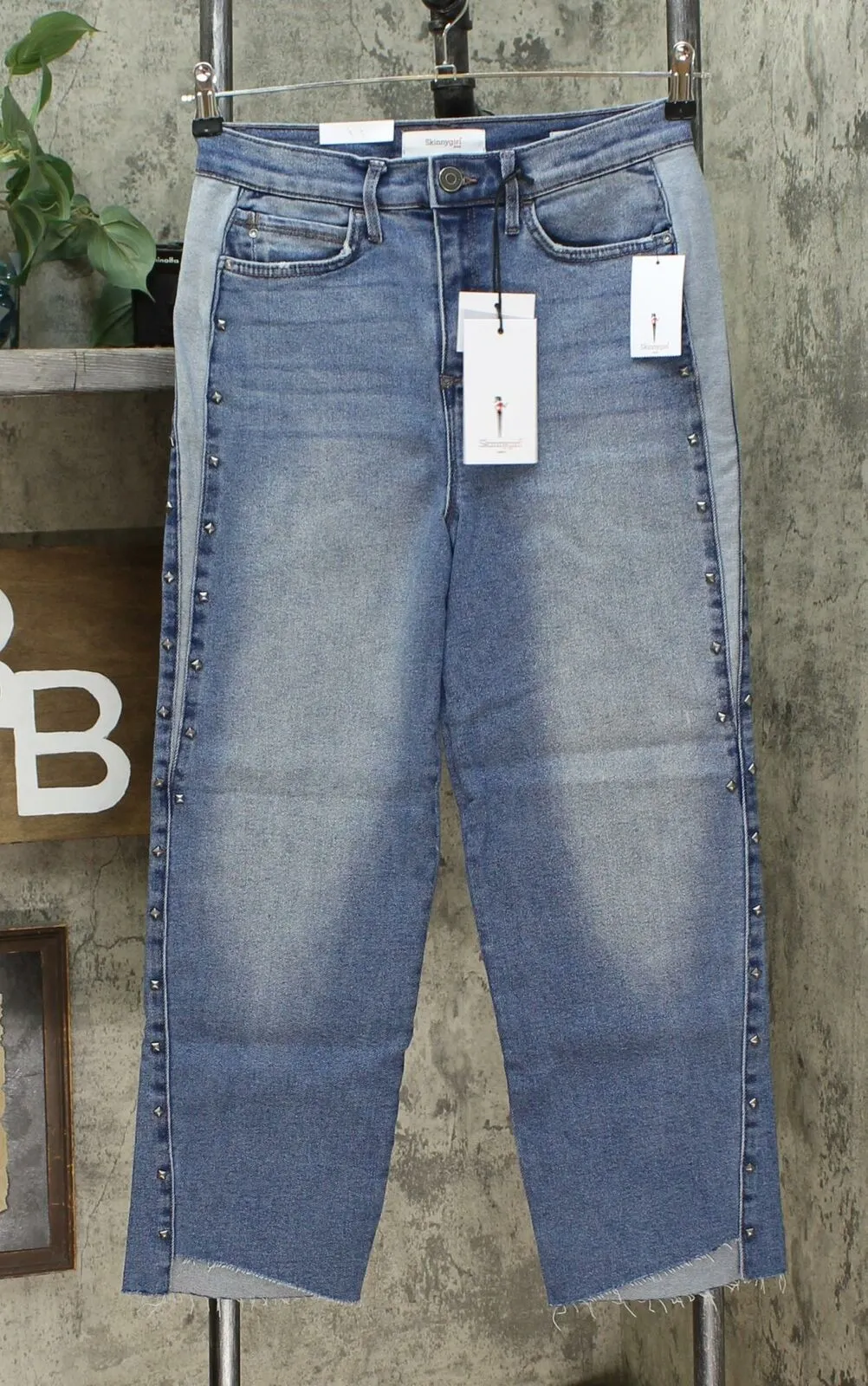 Skinnygirl Women's High Rise Straight Cropped Studded Jeans