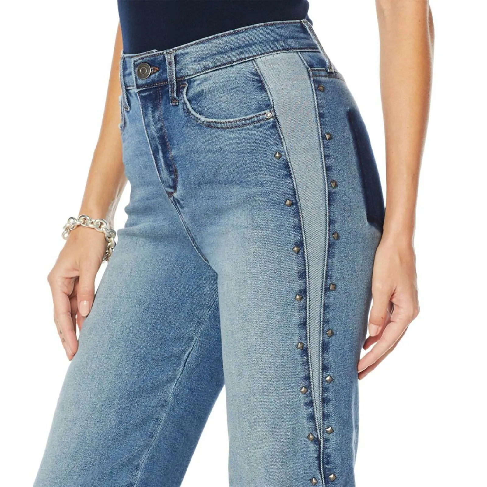 Skinnygirl Women's High Rise Straight Cropped Studded Jeans