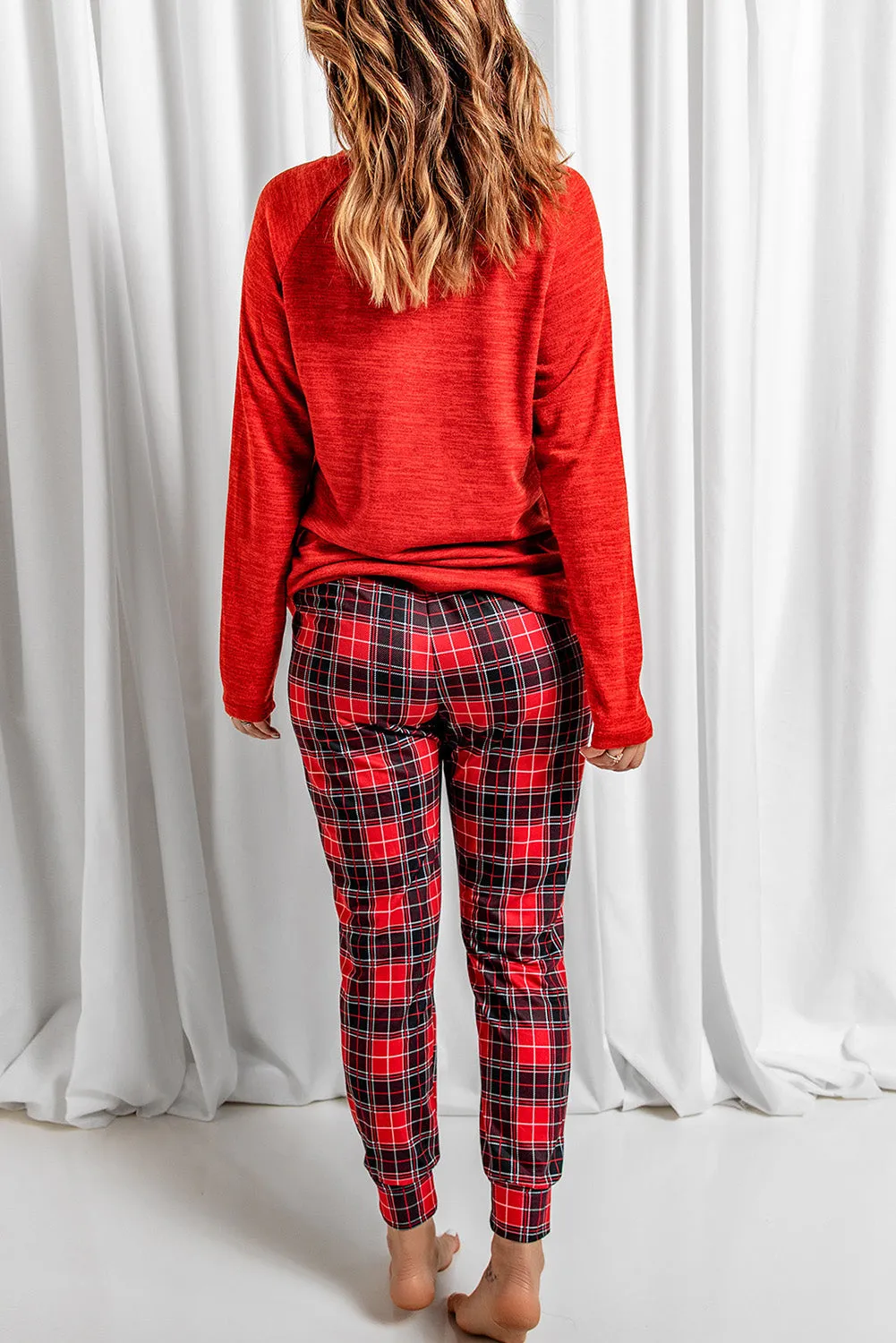 Solid Long Sleeve Top and Plaid Pants Loungewear