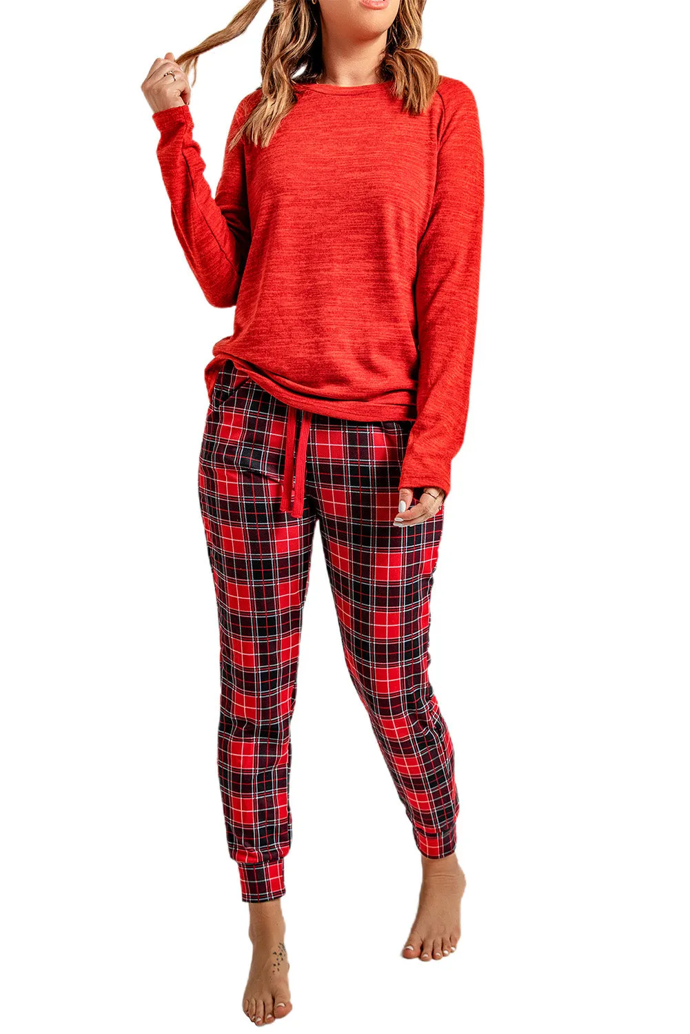 Solid Long Sleeve Top and Plaid Pants Loungewear