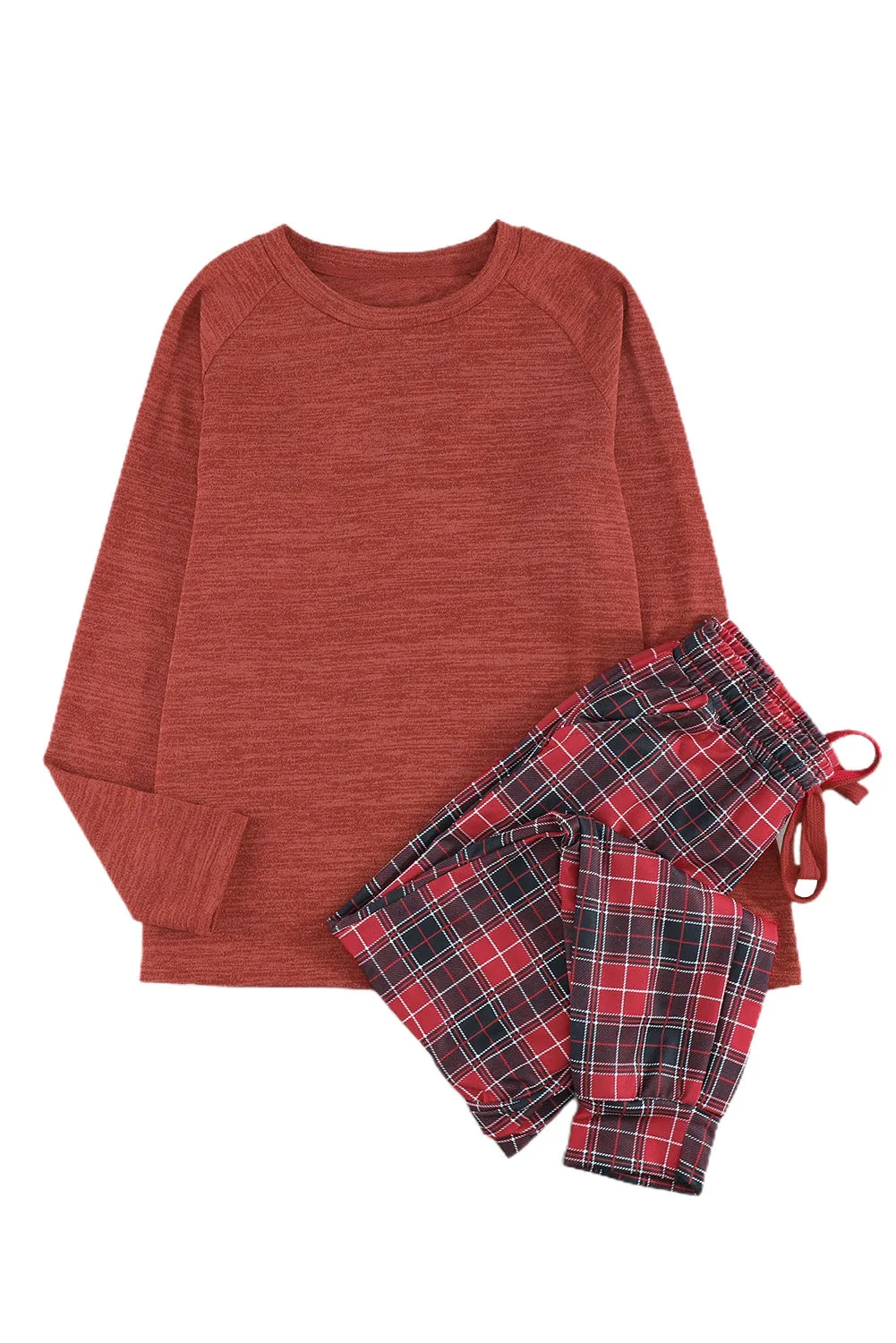 Solid Long Sleeve Top and Plaid Pants Loungewear
