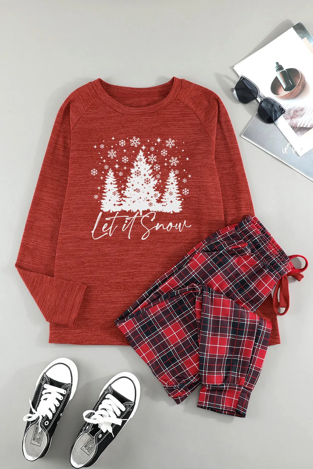 Solid Long Sleeve Top and Plaid Pants Loungewear