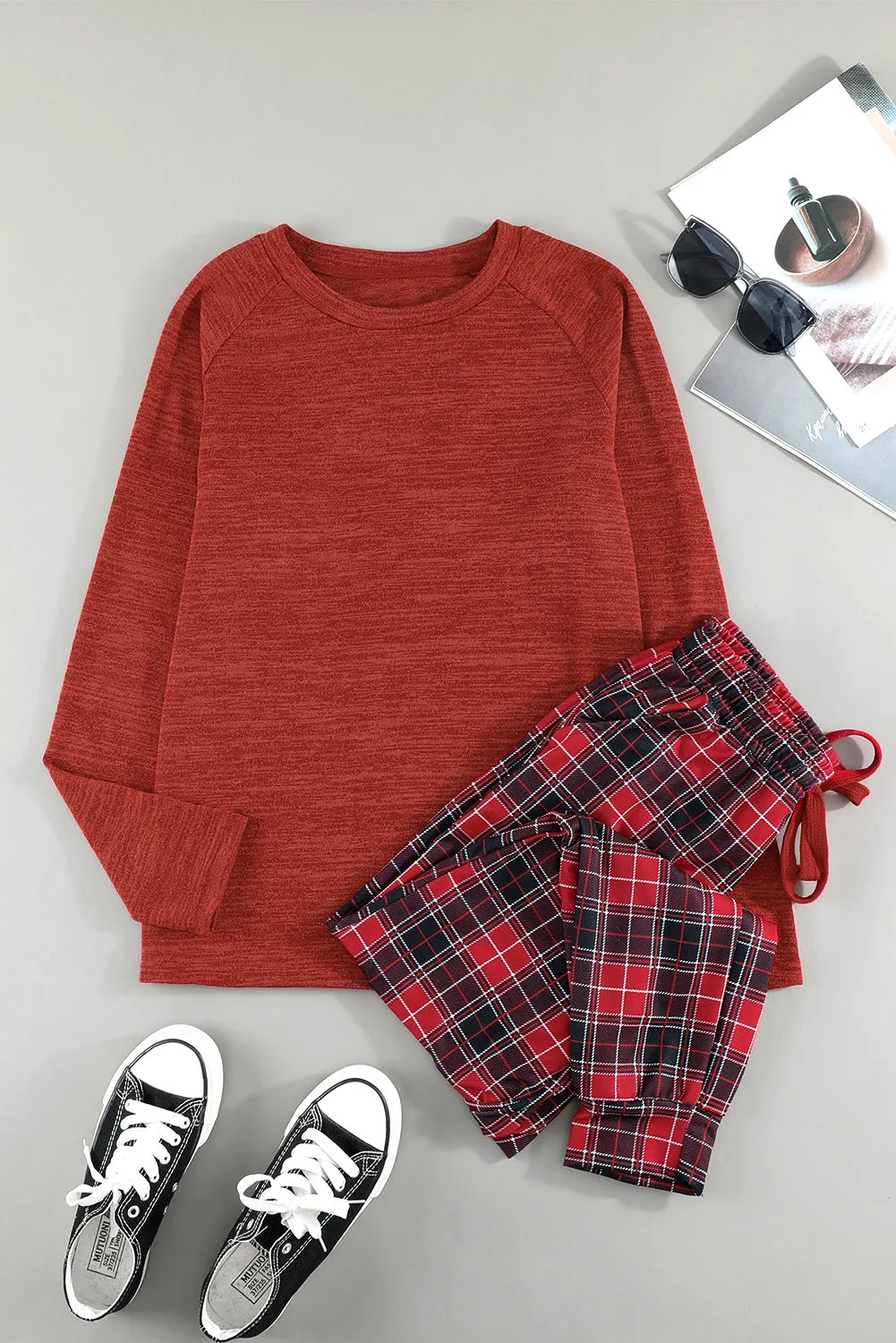 Solid Long Sleeve Top and Plaid Pants Loungewear