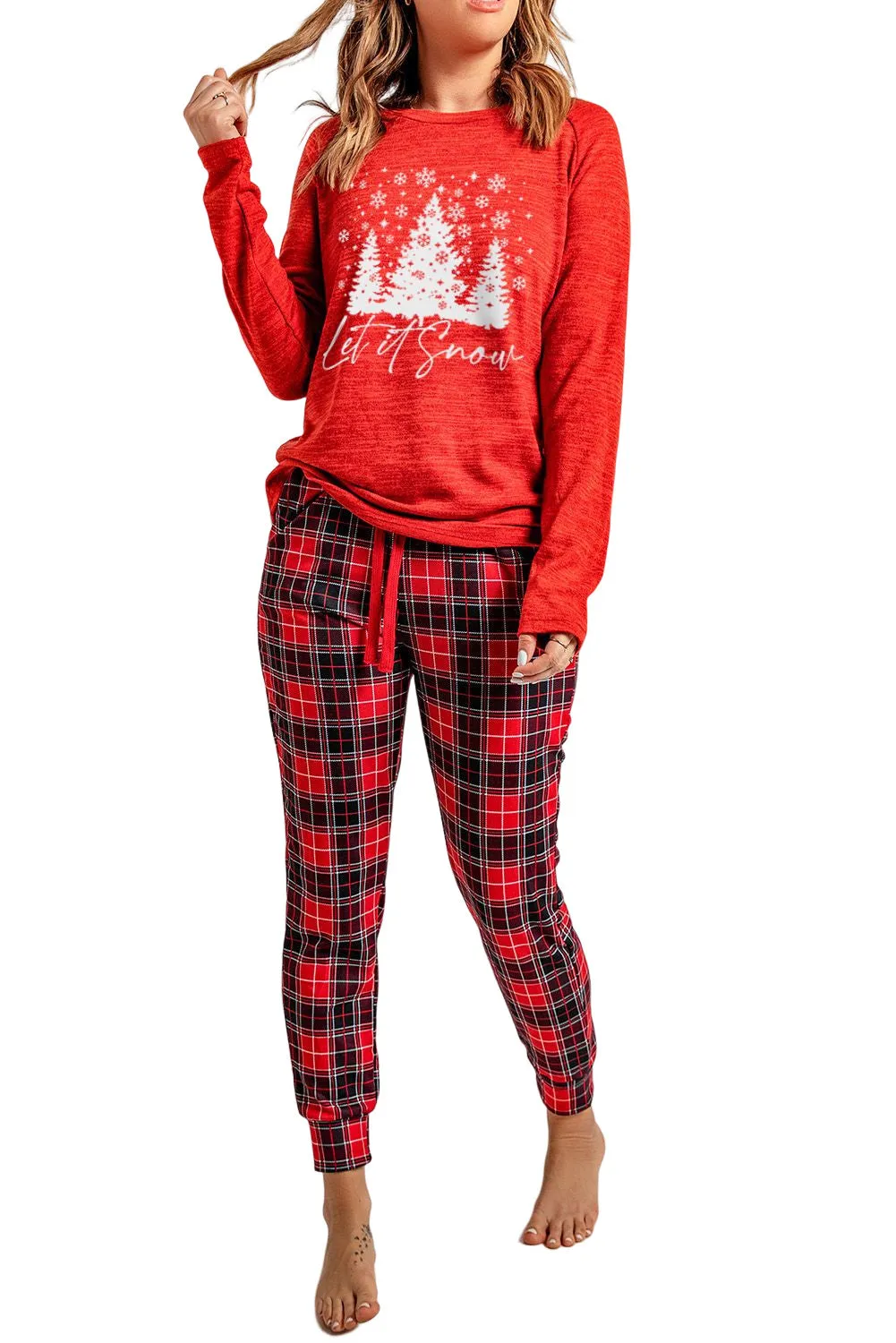 Solid Long Sleeve Top and Plaid Pants Loungewear