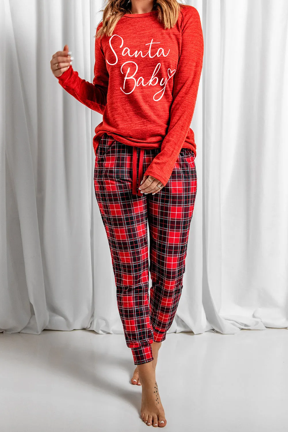 Solid Long Sleeve Top and Plaid Pants Loungewear