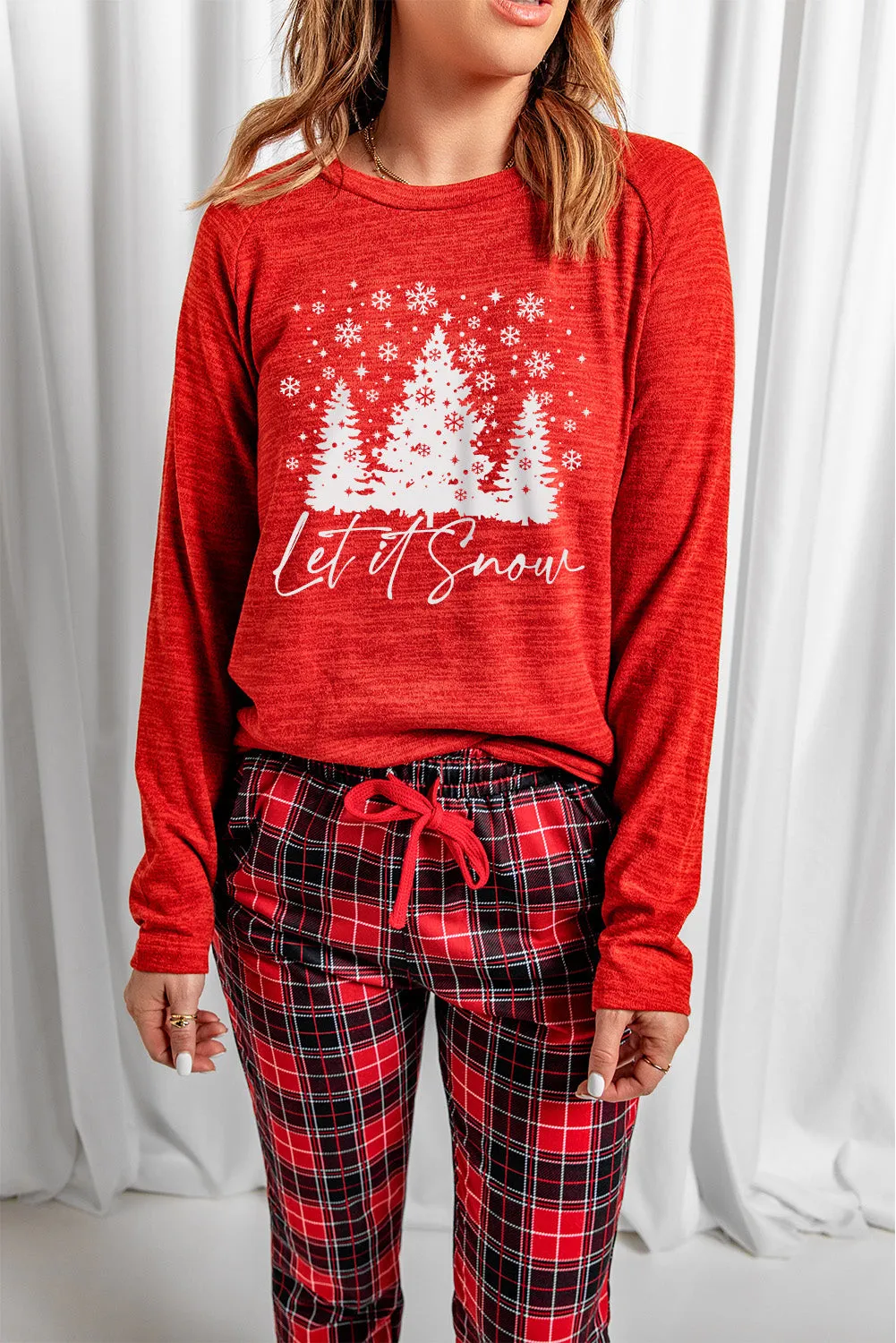 Solid Long Sleeve Top and Plaid Pants Loungewear