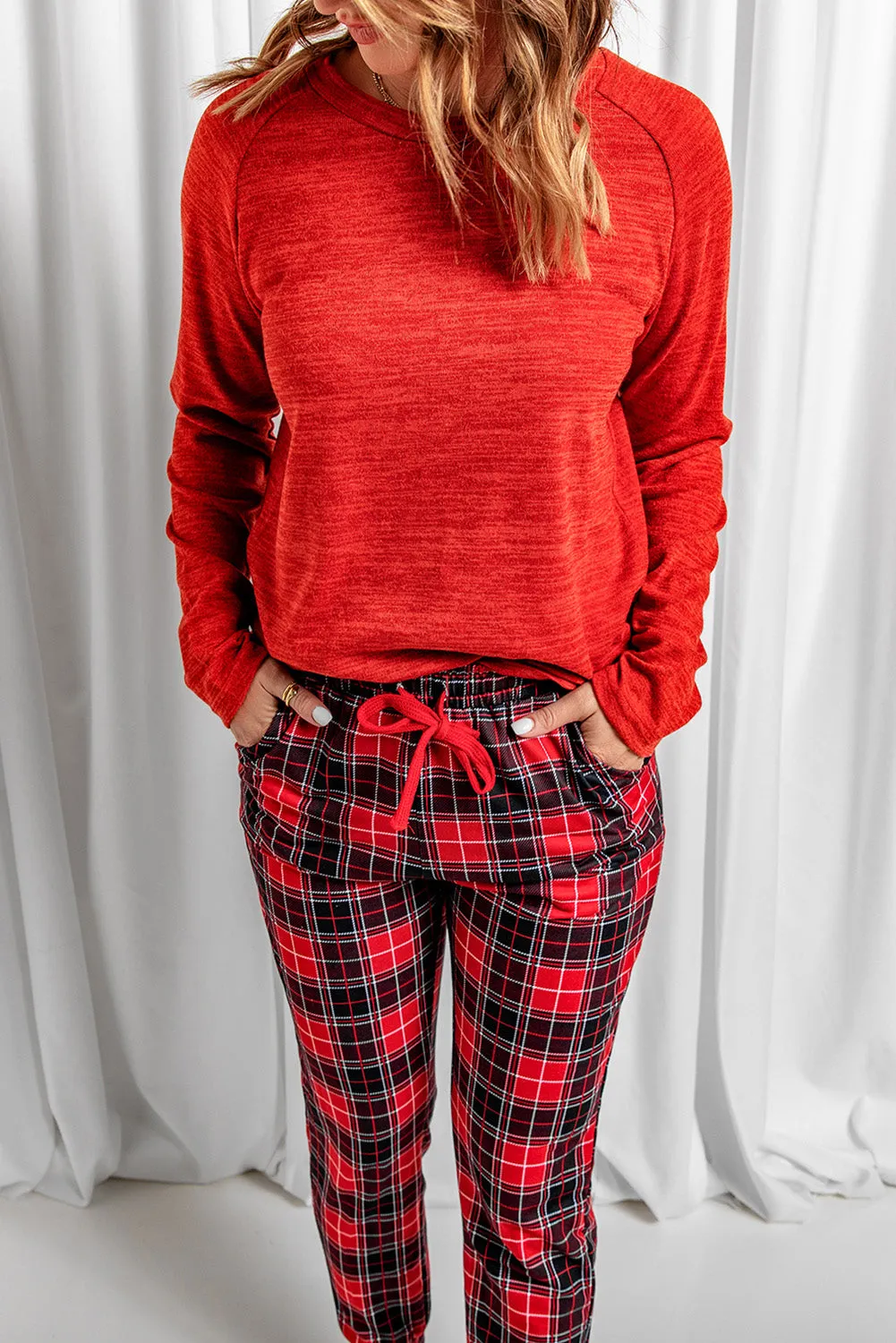 Solid Long Sleeve Top and Plaid Pants Loungewear