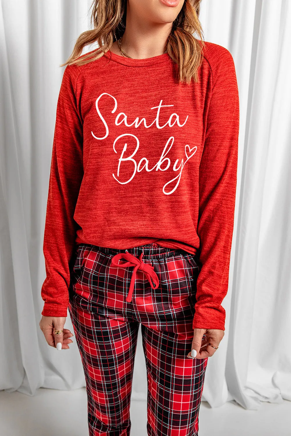 Solid Long Sleeve Top and Plaid Pants Loungewear
