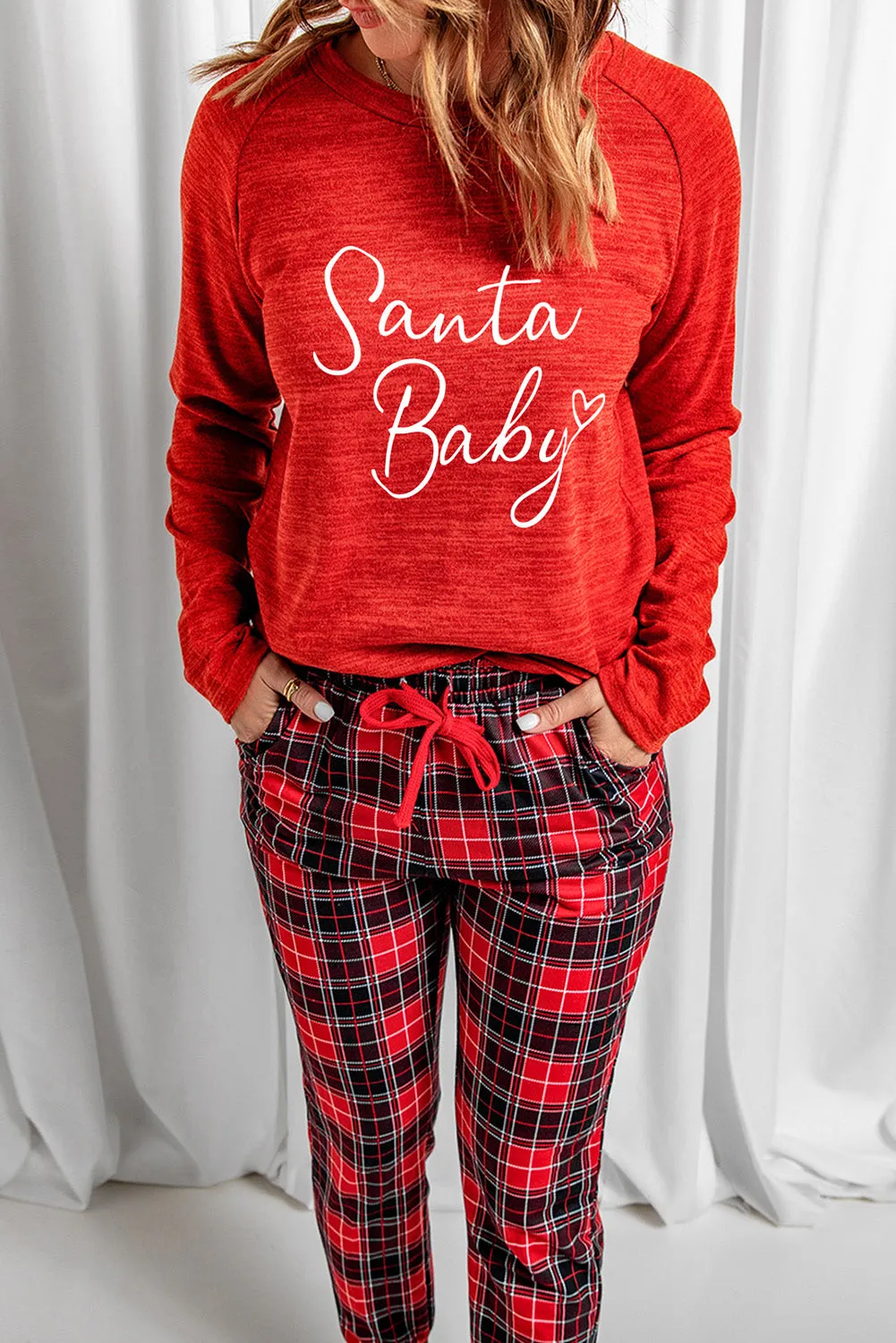 Solid Long Sleeve Top and Plaid Pants Loungewear