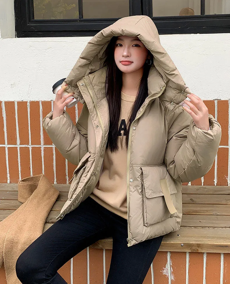Stain-resistant Hooded Puffer Jacket for Women with Large Pockets