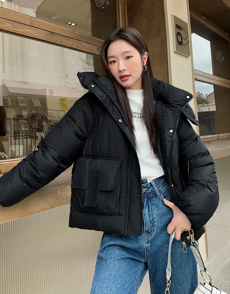 Stain-resistant Hooded Puffer Jacket for Women with Large Pockets