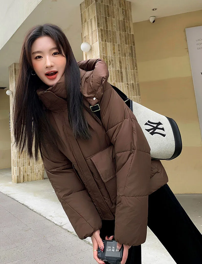 Stain-resistant Hooded Puffer Jacket for Women with Large Pockets