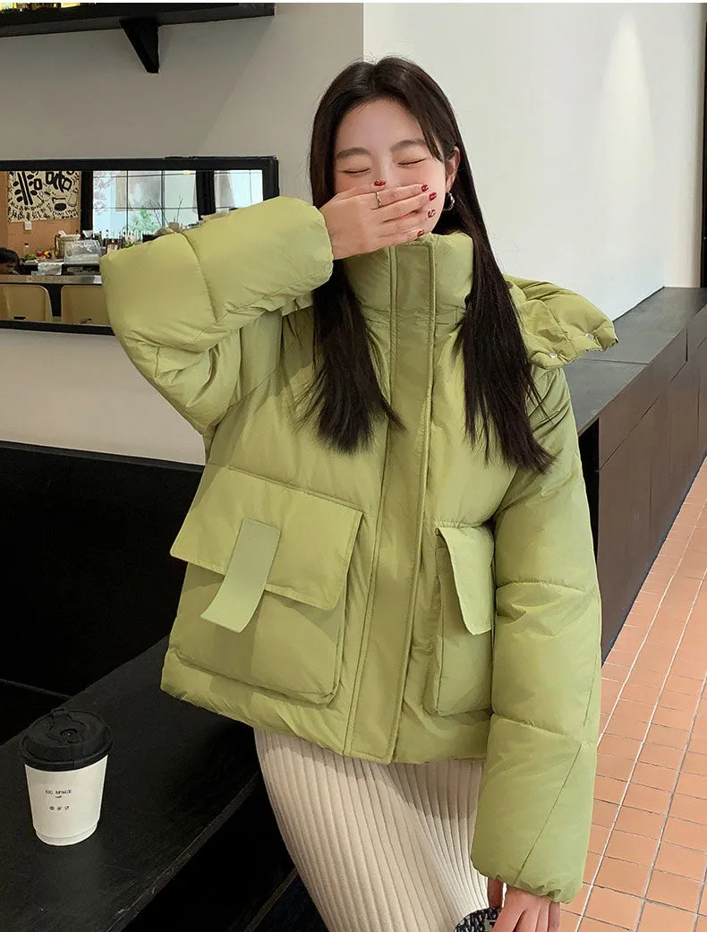 Stain-resistant Hooded Puffer Jacket for Women with Large Pockets