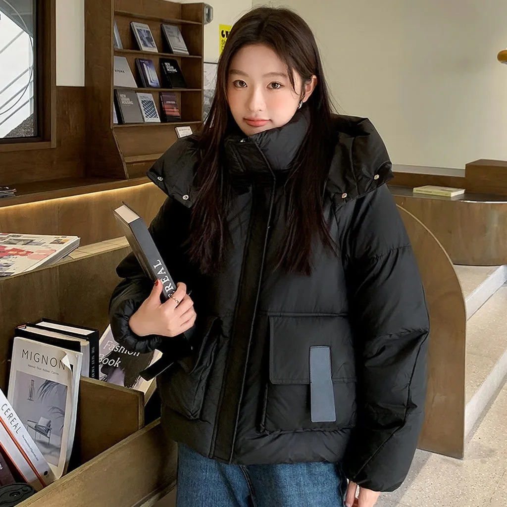 Stain-resistant Hooded Puffer Jacket for Women with Large Pockets