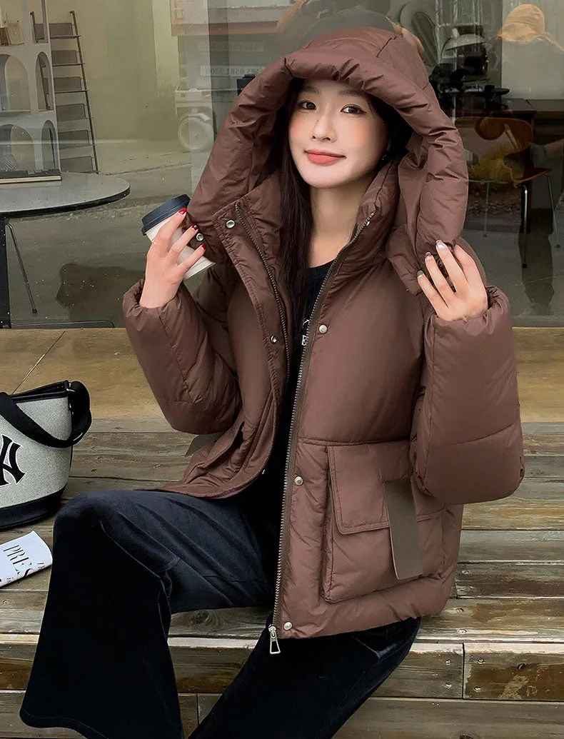 Stain-resistant Hooded Puffer Jacket for Women with Large Pockets