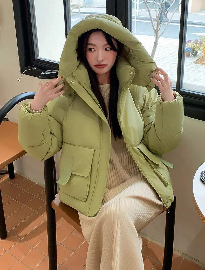 Stain-resistant Hooded Puffer Jacket for Women with Large Pockets