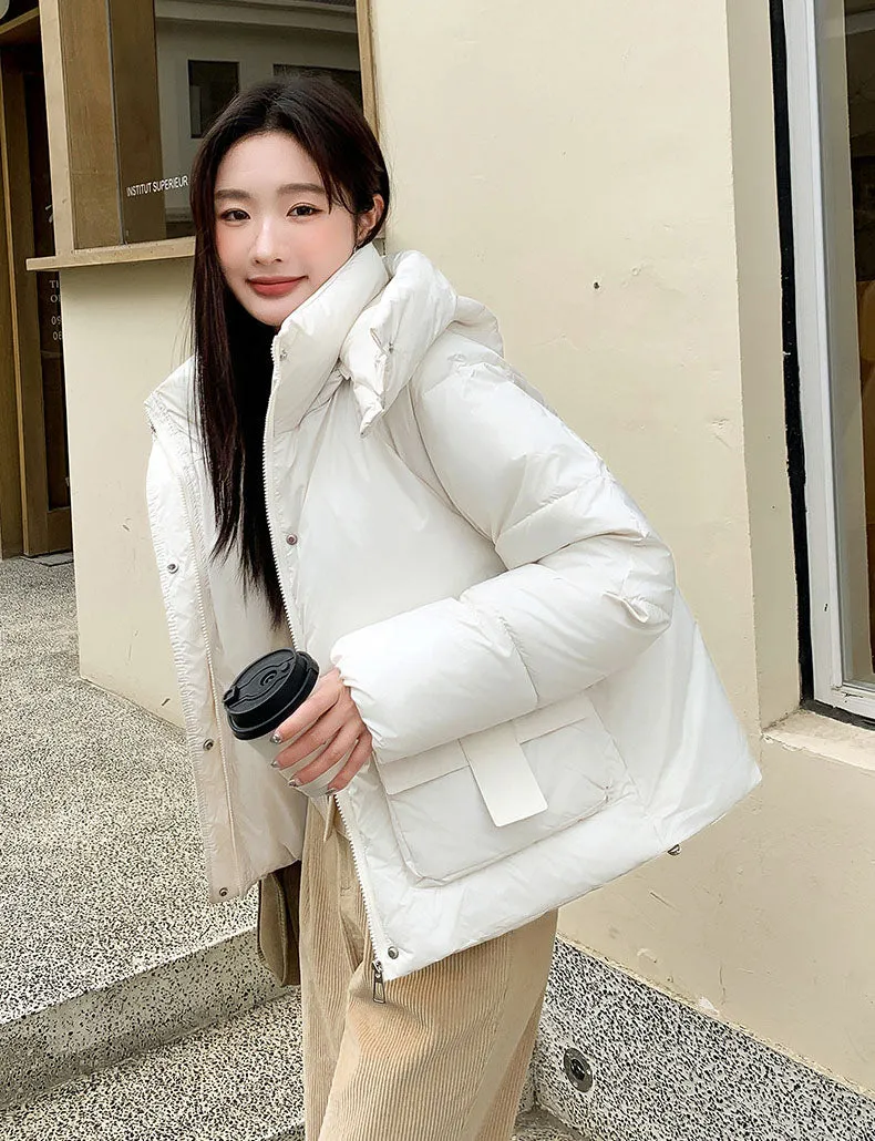 Stain-resistant Hooded Puffer Jacket for Women with Large Pockets
