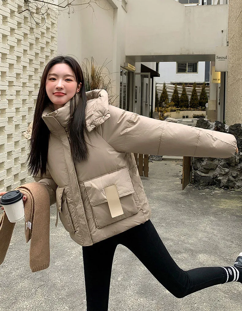 Stain-resistant Hooded Puffer Jacket for Women with Large Pockets