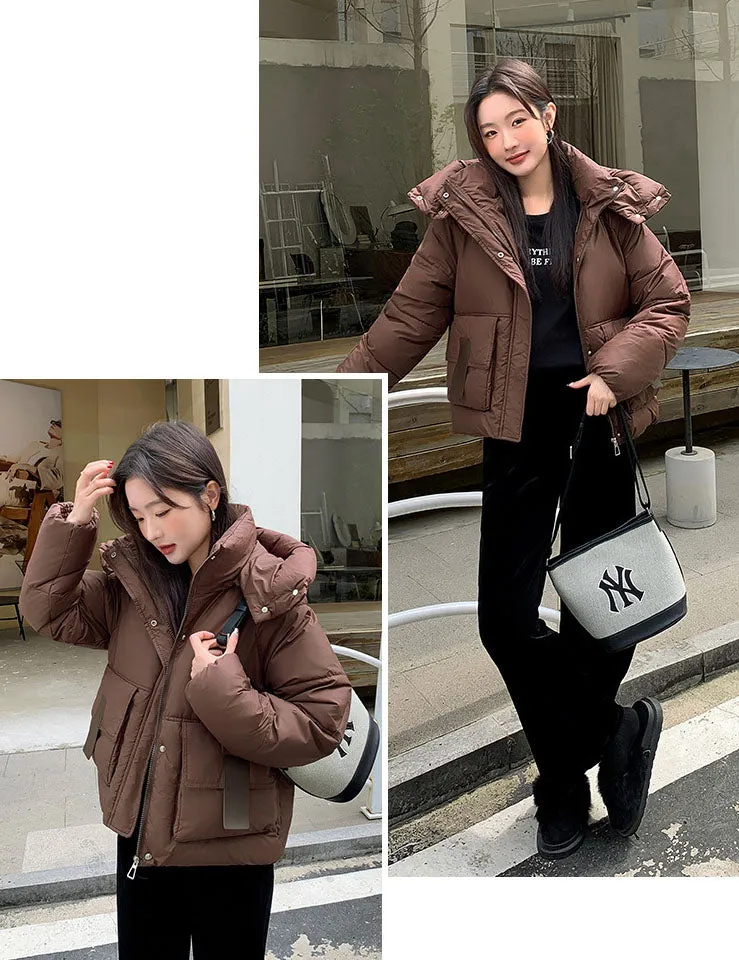 Stain-resistant Hooded Puffer Jacket for Women with Large Pockets