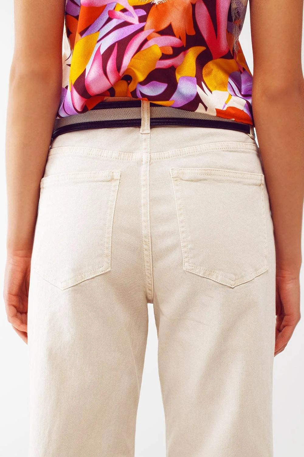 Straight Leg Jeans with Cropped Hem in Beige
