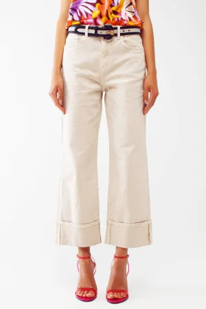 Straight Leg Jeans with Cropped Hem in Beige