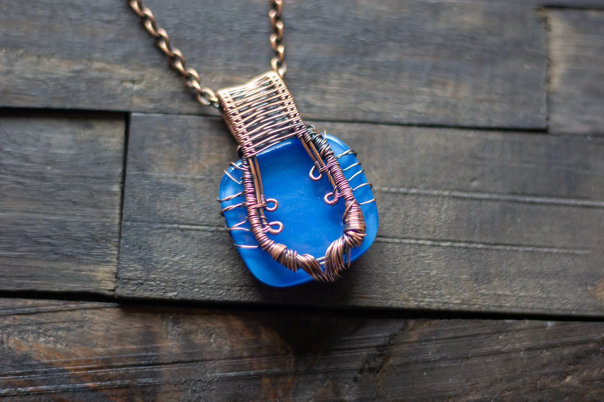 Streaked Blue and Grey Fused Glass and Copper Wire Wrapped Tree of Life Pendant