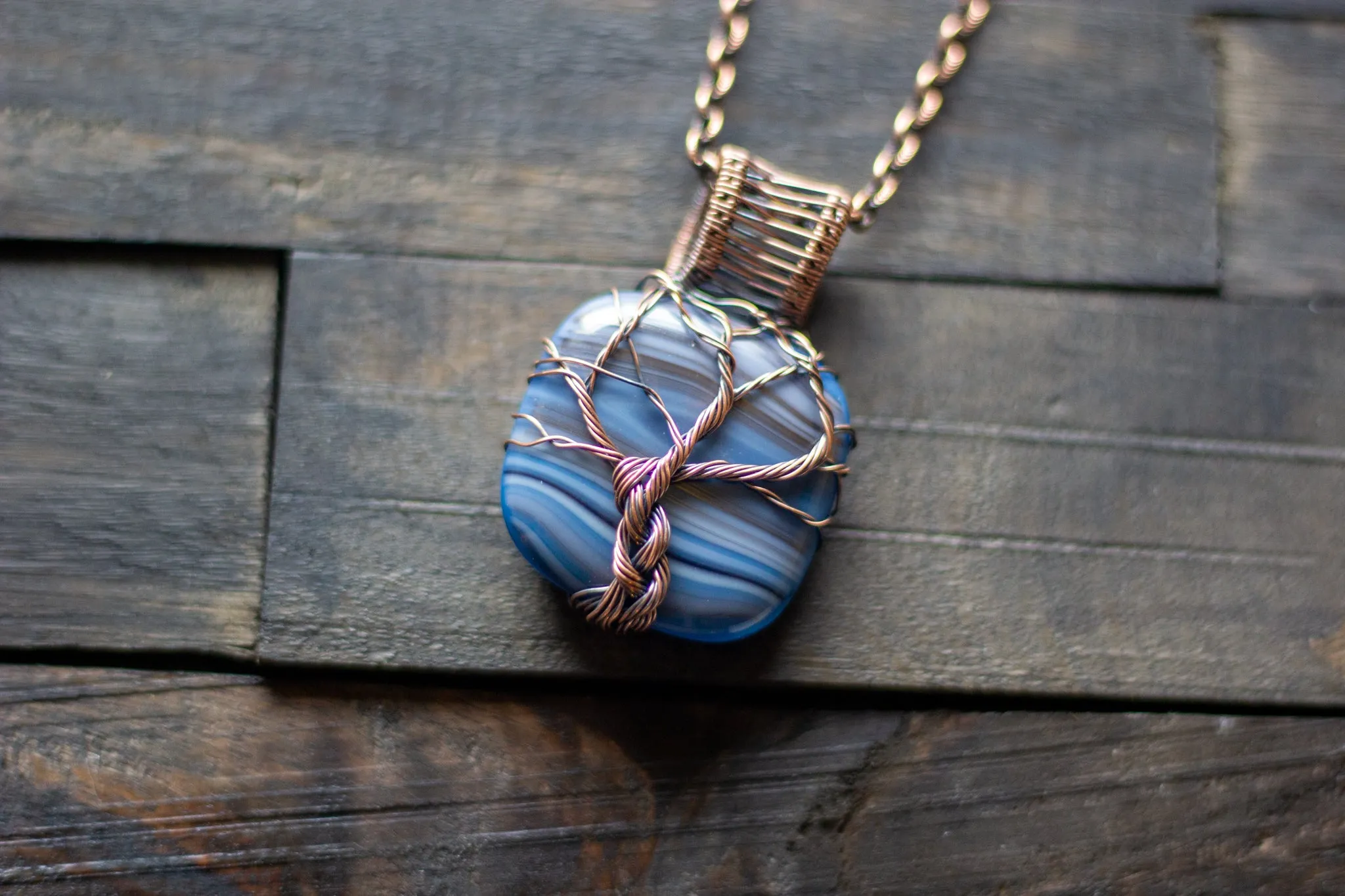 Streaked Blue and Grey Fused Glass and Copper Wire Wrapped Tree of Life Pendant