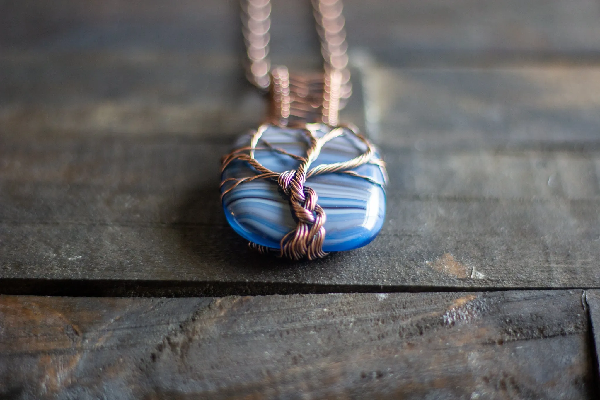 Streaked Blue and Grey Fused Glass and Copper Wire Wrapped Tree of Life Pendant
