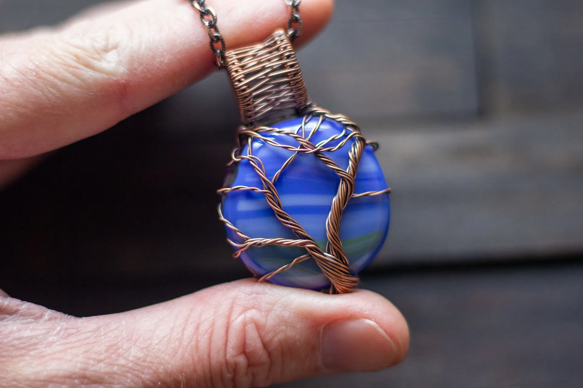 Streaked Blue Fused Glass and Copper Wire Wrapped Tree of Life Pendant