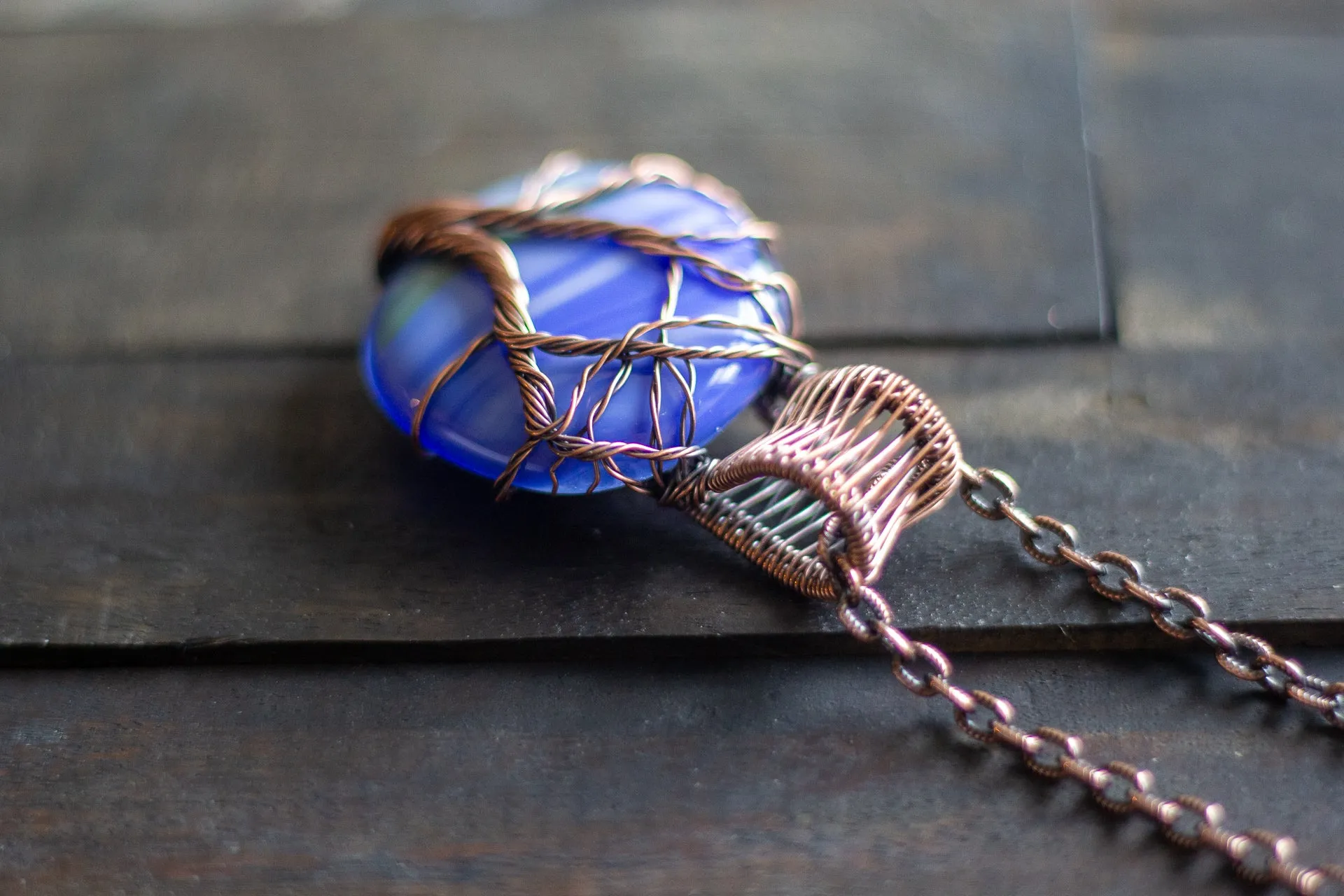 Streaked Blue Fused Glass and Copper Wire Wrapped Tree of Life Pendant