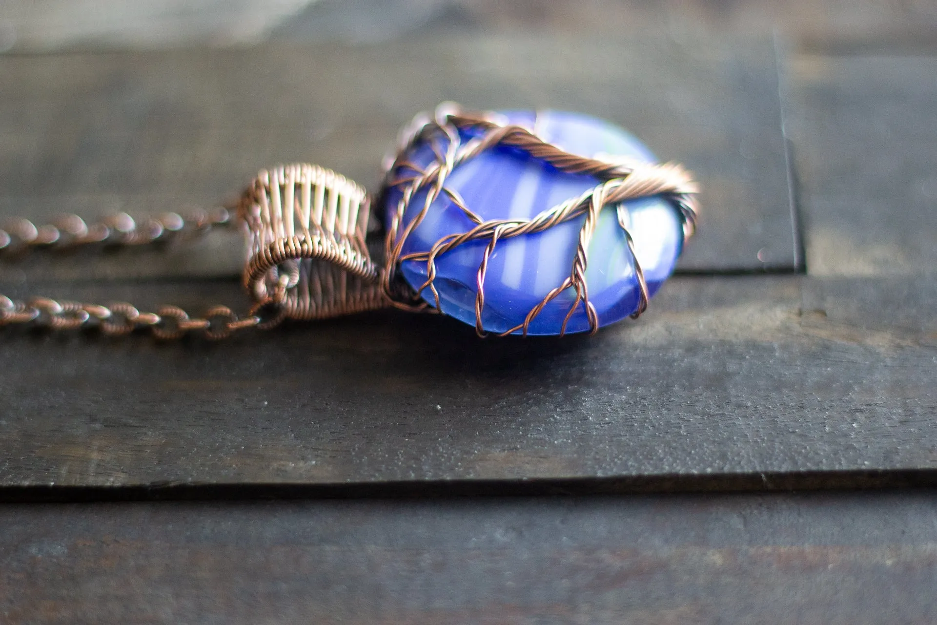 Streaked Blue Fused Glass and Copper Wire Wrapped Tree of Life Pendant