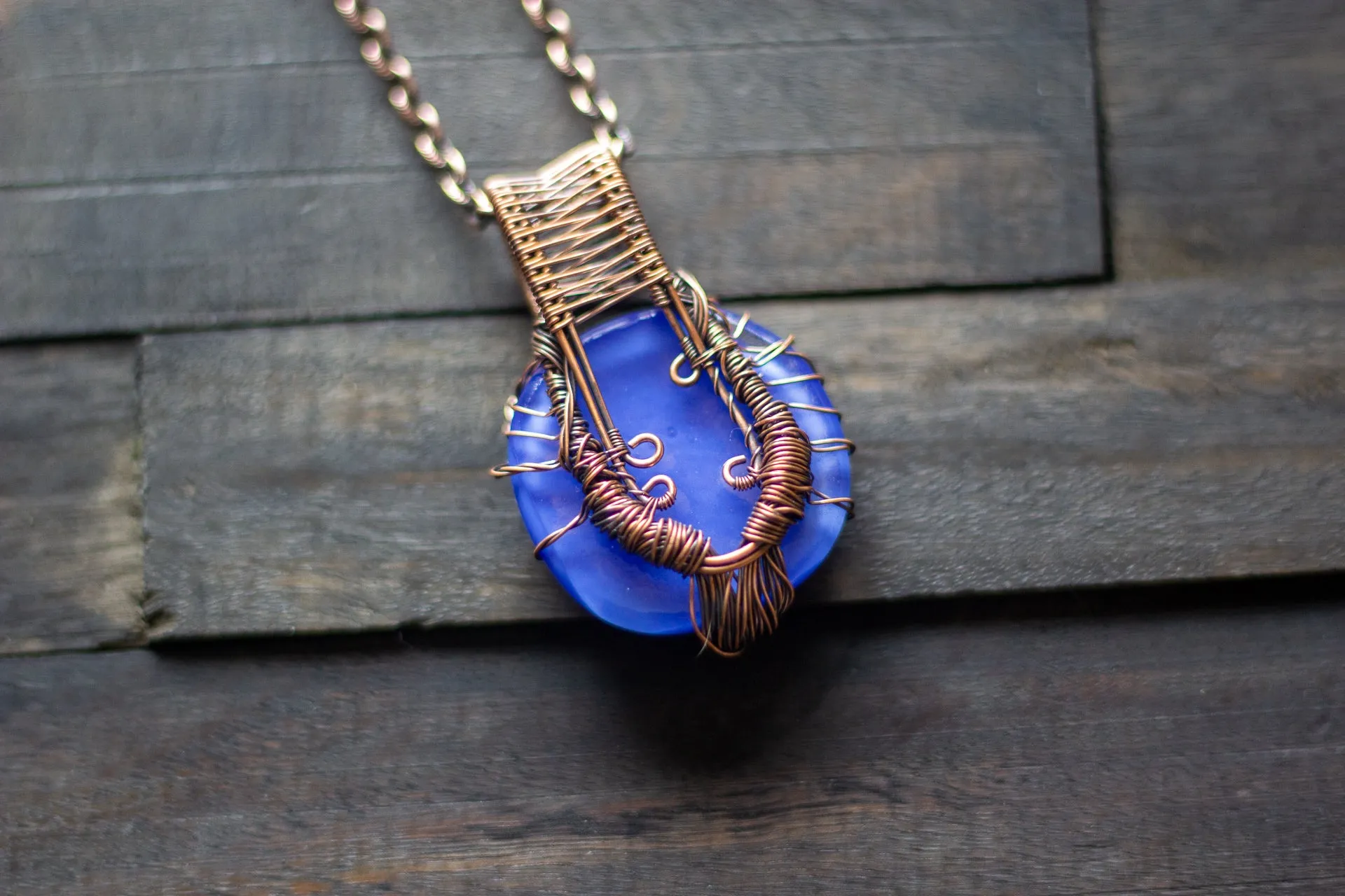 Streaked Blue Fused Glass and Copper Wire Wrapped Tree of Life Pendant