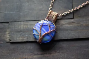 Streaked Blue Fused Glass and Copper Wire Wrapped Tree of Life Pendant