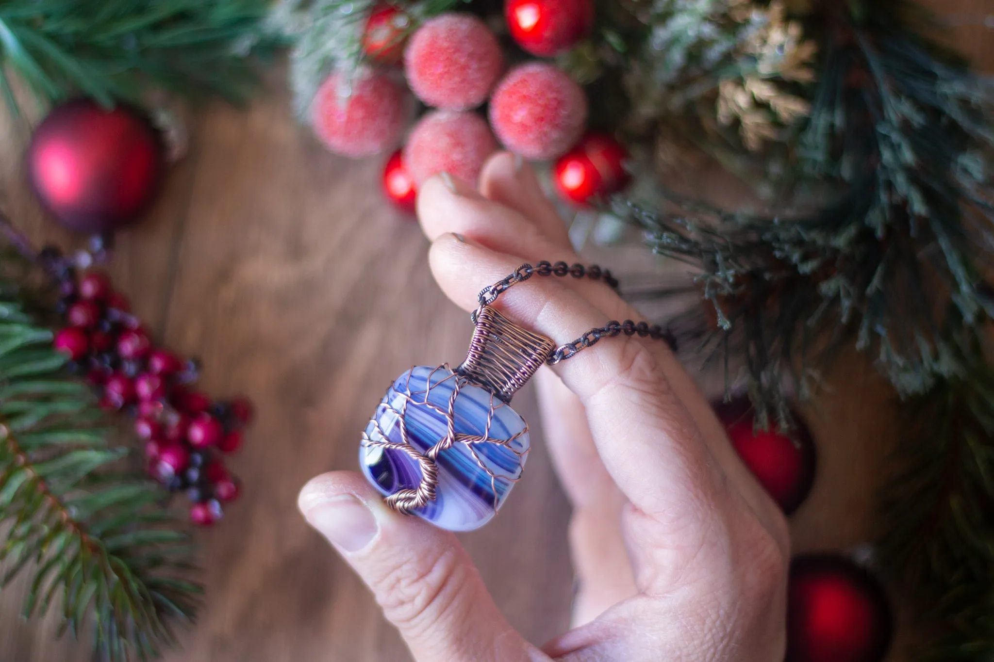 Streaked Blues Fused Glass and Copper Wire Wrapped Tree of Life Pendant