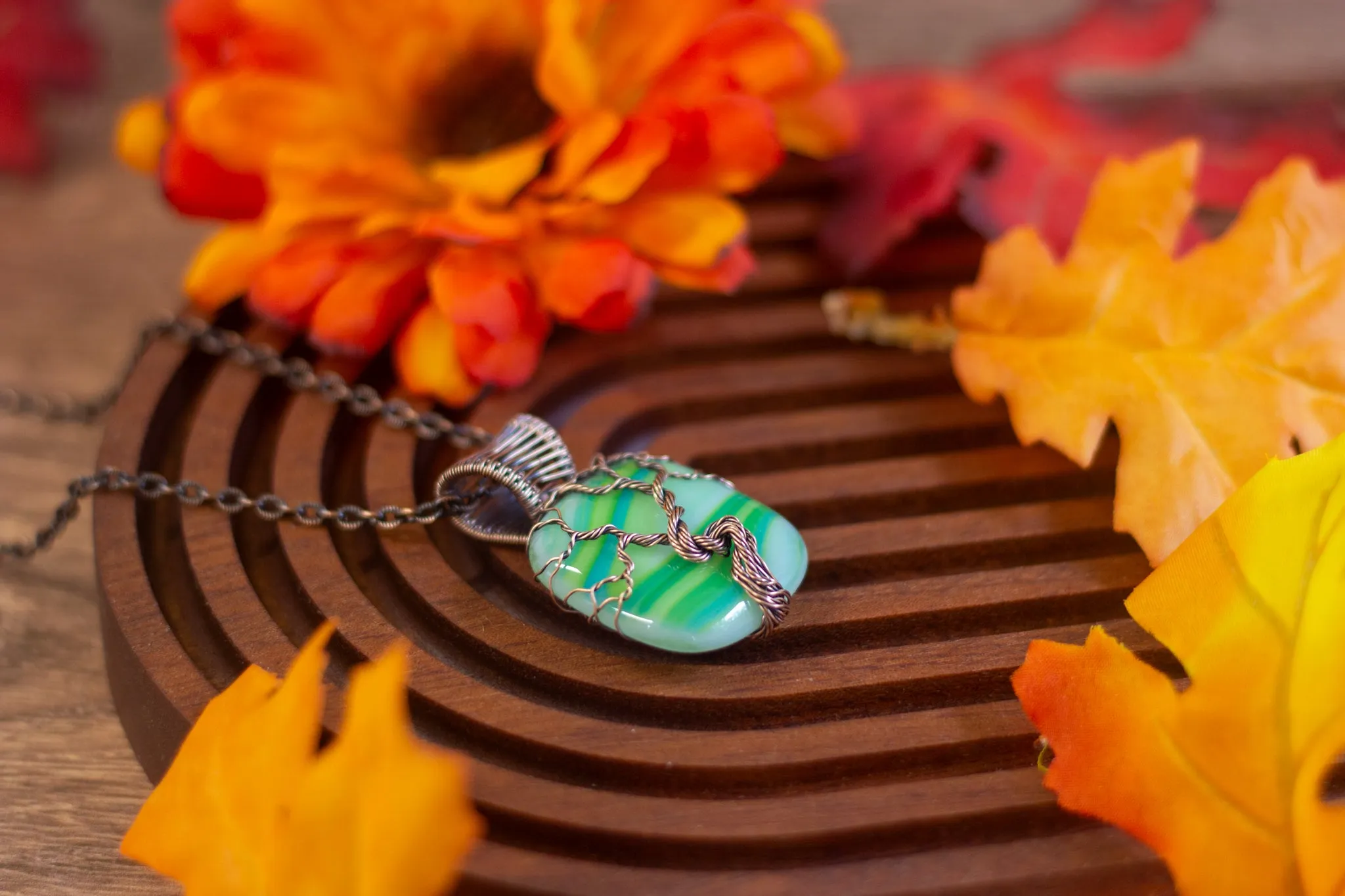 Streaked Greens Fused Glass and Copper Wire Wrapped Tree of Life Pendant