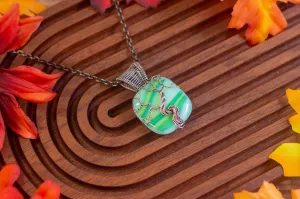 Streaked Greens Fused Glass and Copper Wire Wrapped Tree of Life Pendant