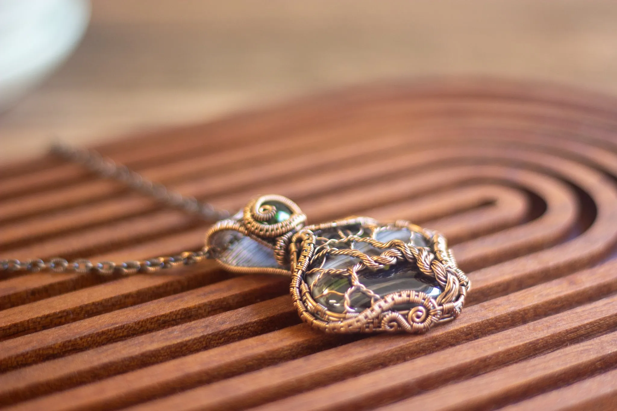 Streaked Grey Fused Glass and Copper Wire Wrapped Tree of Life Pendant