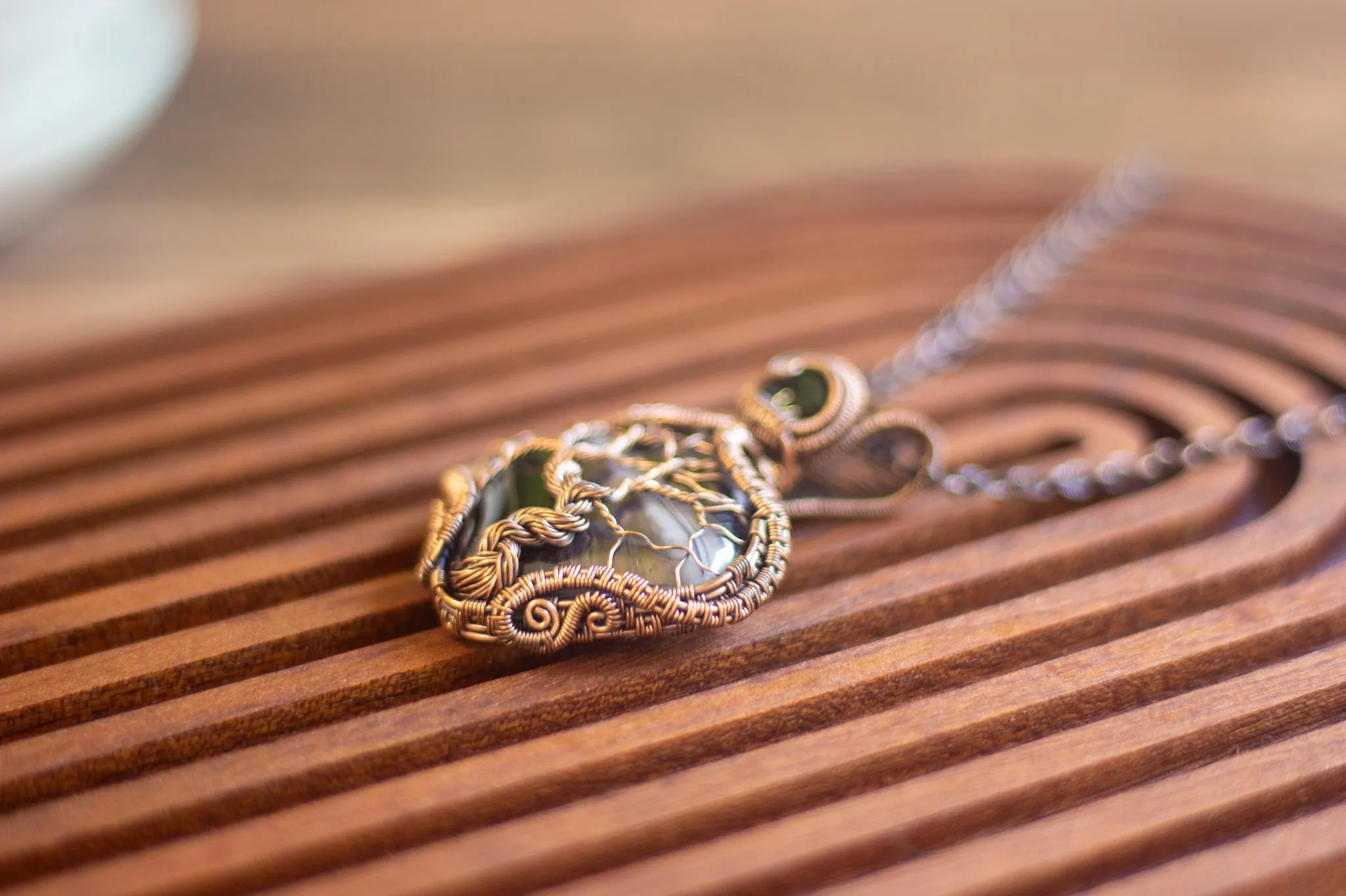 Streaked Grey Fused Glass and Copper Wire Wrapped Tree of Life Pendant