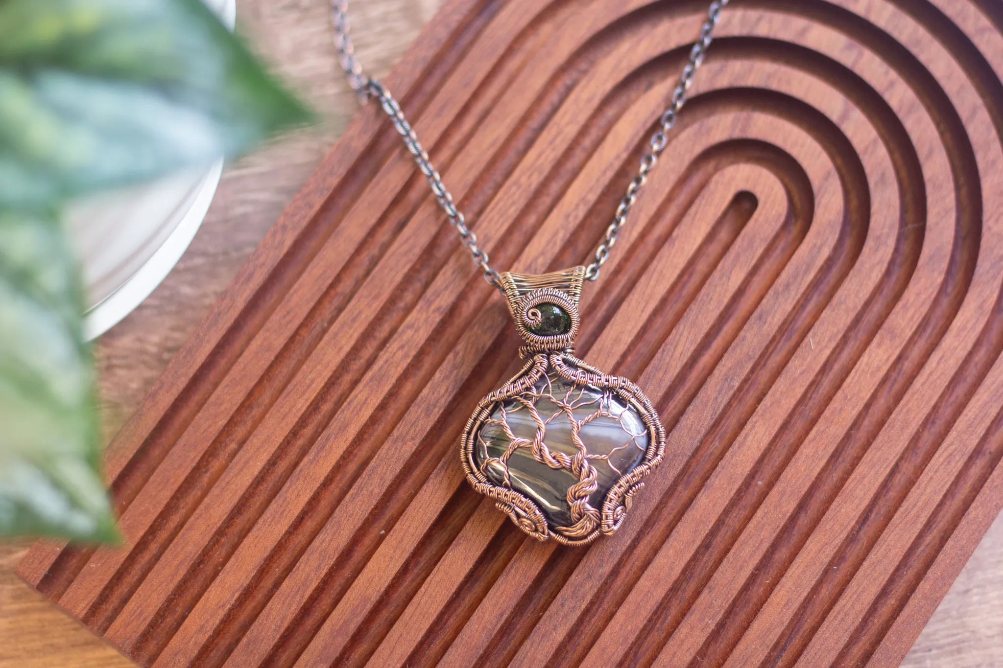 Streaked Grey Fused Glass and Copper Wire Wrapped Tree of Life Pendant