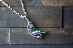 Streaks of Blue and Green Crescent Moon Pendant with Copper Wire Wrapping