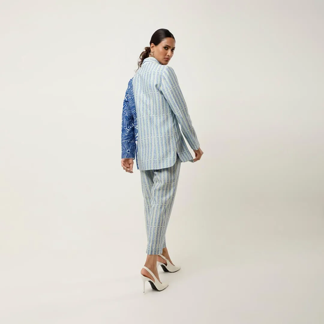 STRIPED PRINTED/EMB CHANDERI JACKET WITH PANTS
