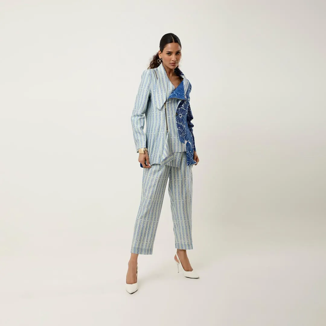 STRIPED PRINTED/EMB CHANDERI JACKET WITH PANTS
