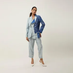 STRIPED PRINTED/EMB CHANDERI JACKET WITH PANTS