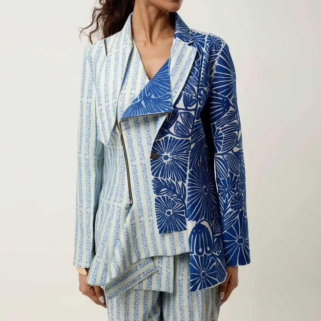 STRIPED PRINTED/EMB CHANDERI JACKET WITH PANTS