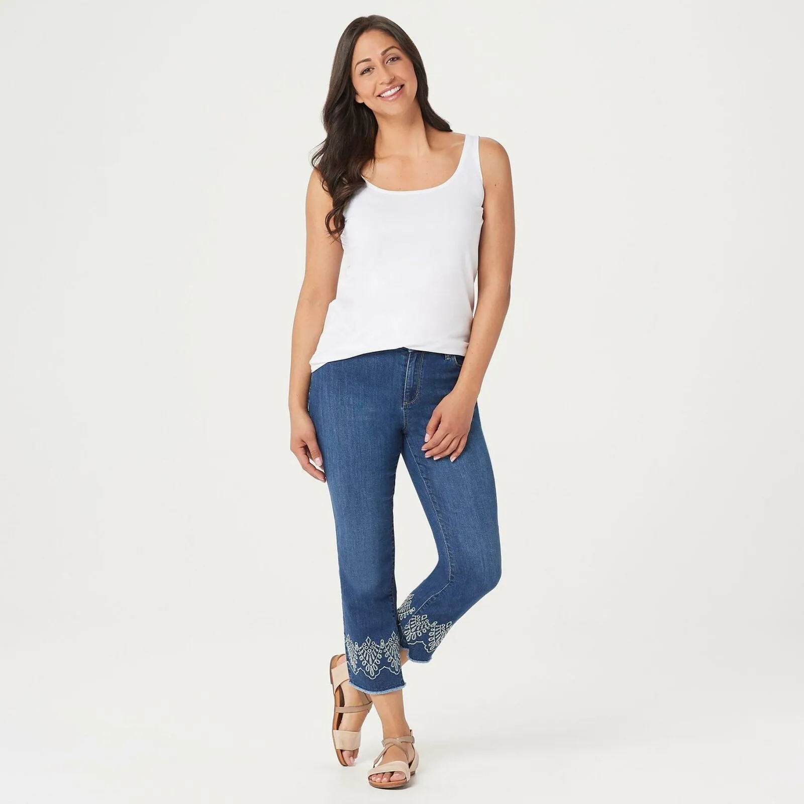 Susan Graver Women's Embroidered High Stretch Denim Crop Jeans