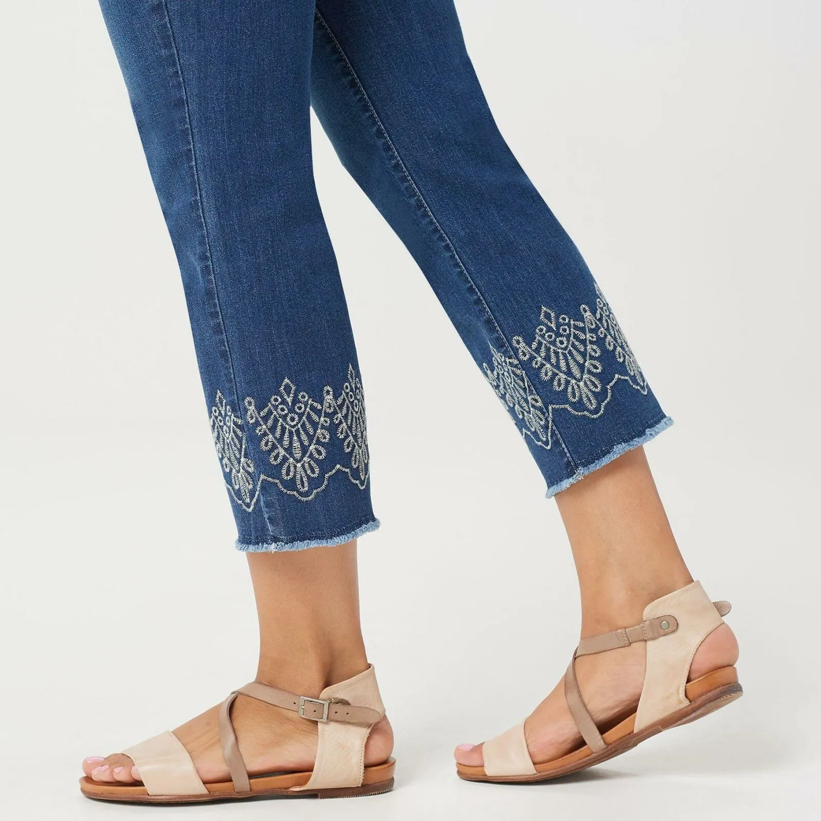 Susan Graver Women's Embroidered High Stretch Denim Crop Jeans